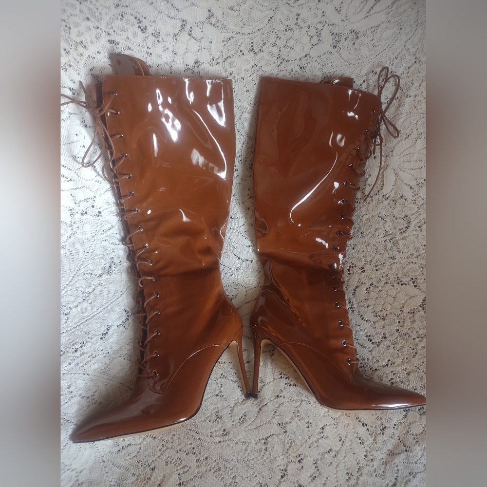 Brown Patent Leather Knee High Boots Sz 9.5